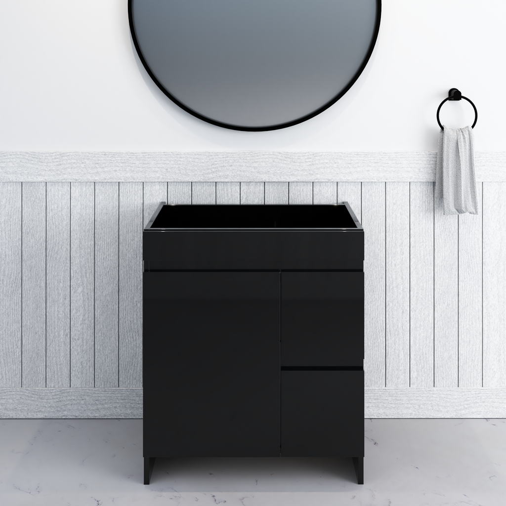 Cinnamon 30 in. W x 18 in. D x 34 in. H Bath Vanity Cabinet without Top in Glossy Black with Right-Side Drawers