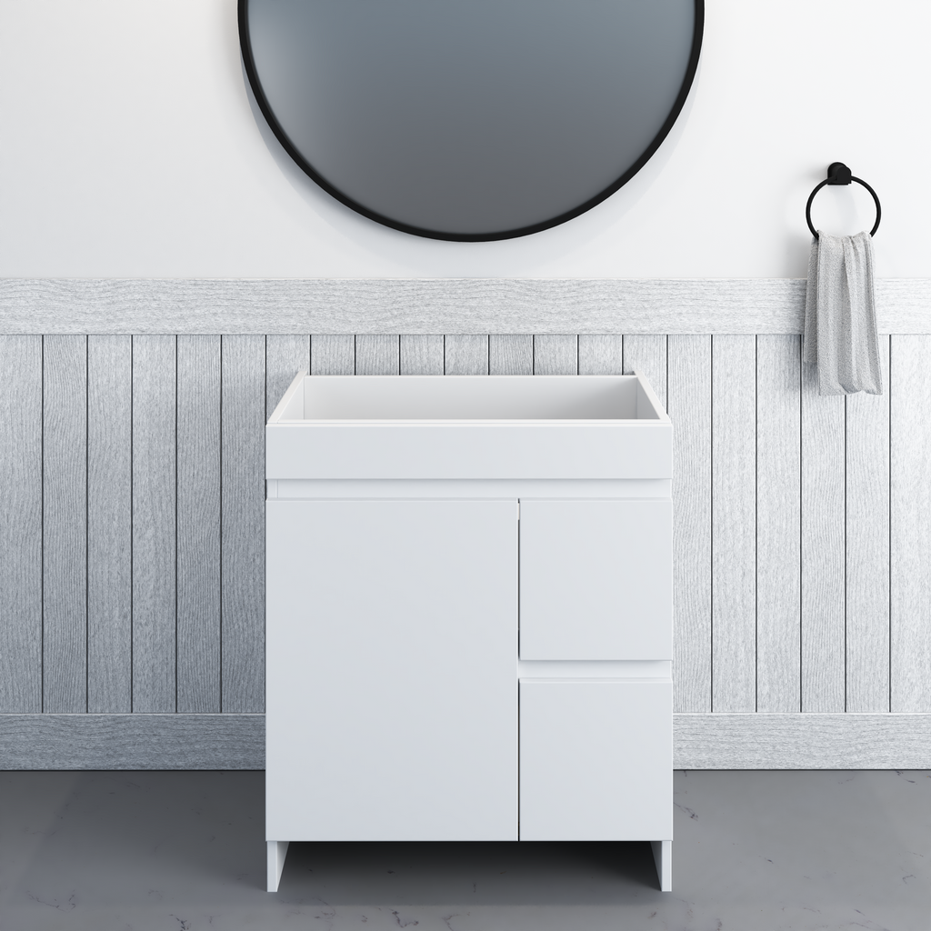 Cinnamon 30 in. W x 18 in. D x 34 in. H Bath Vanity Cabinet without Top in White with Right-Side Drawers