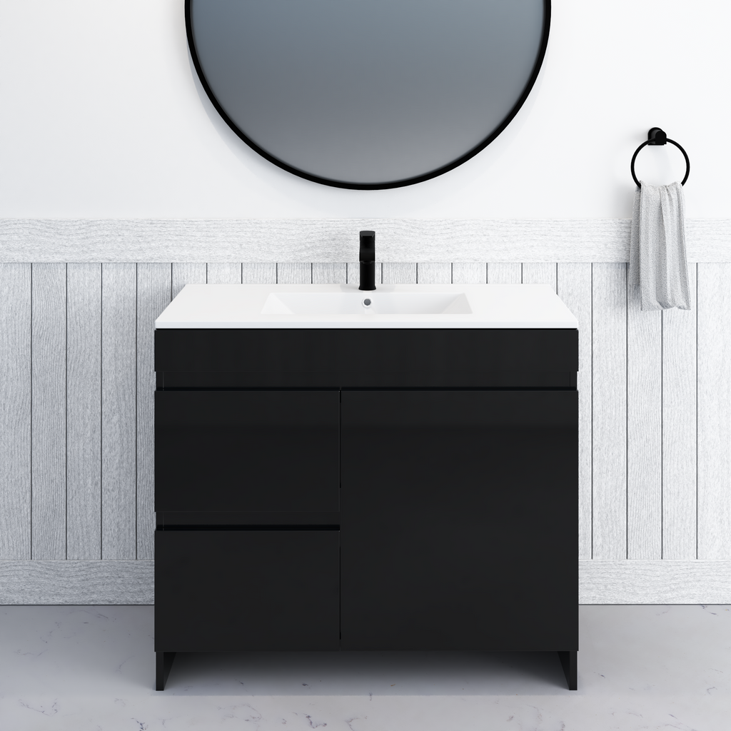 Cinnamon 36 in. W x 18 in. D x 34 in. H Bath Vanity Cabinet without Top in Glossy Black with Left-Side Drawers