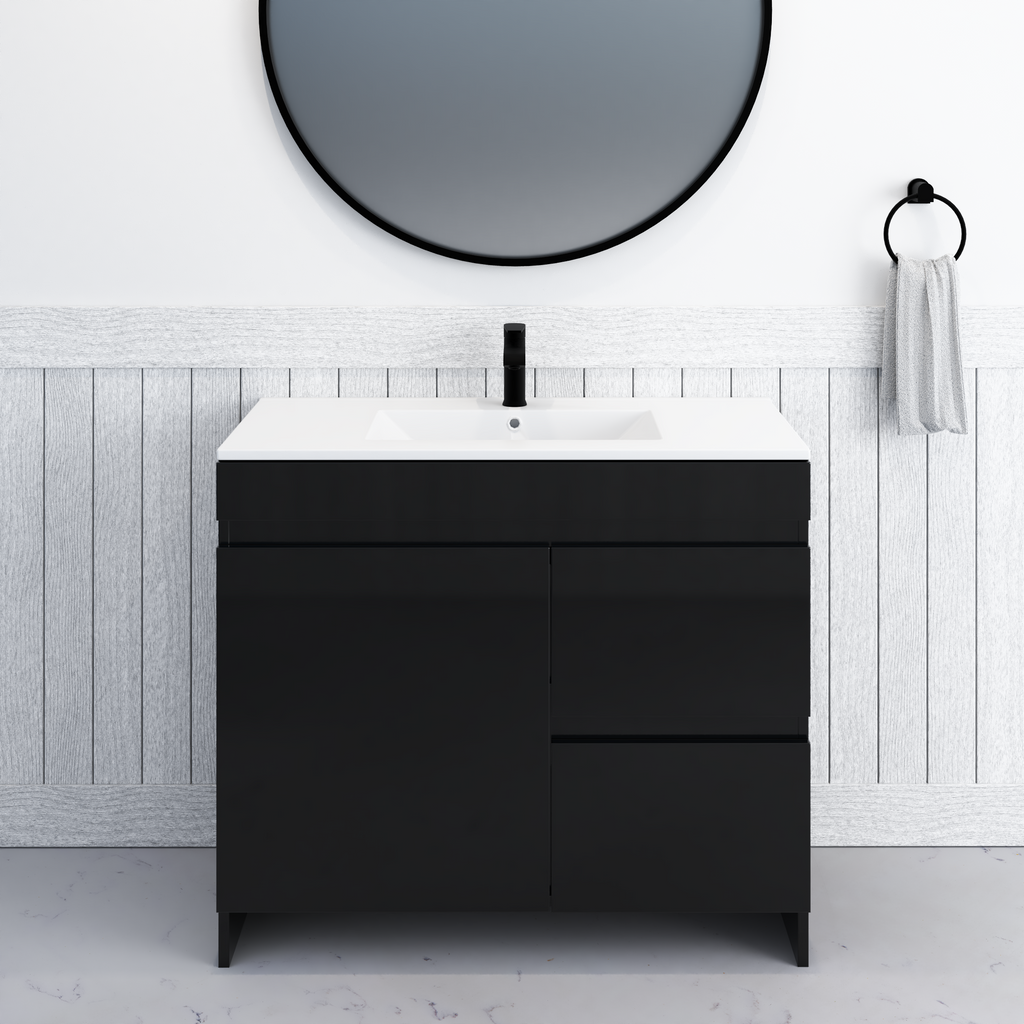 Cinnamon 36 in. W x 18 in. D x 34 in. H Bath Vanity Cabinet without Top in Glossy Black with Right-Side Drawers