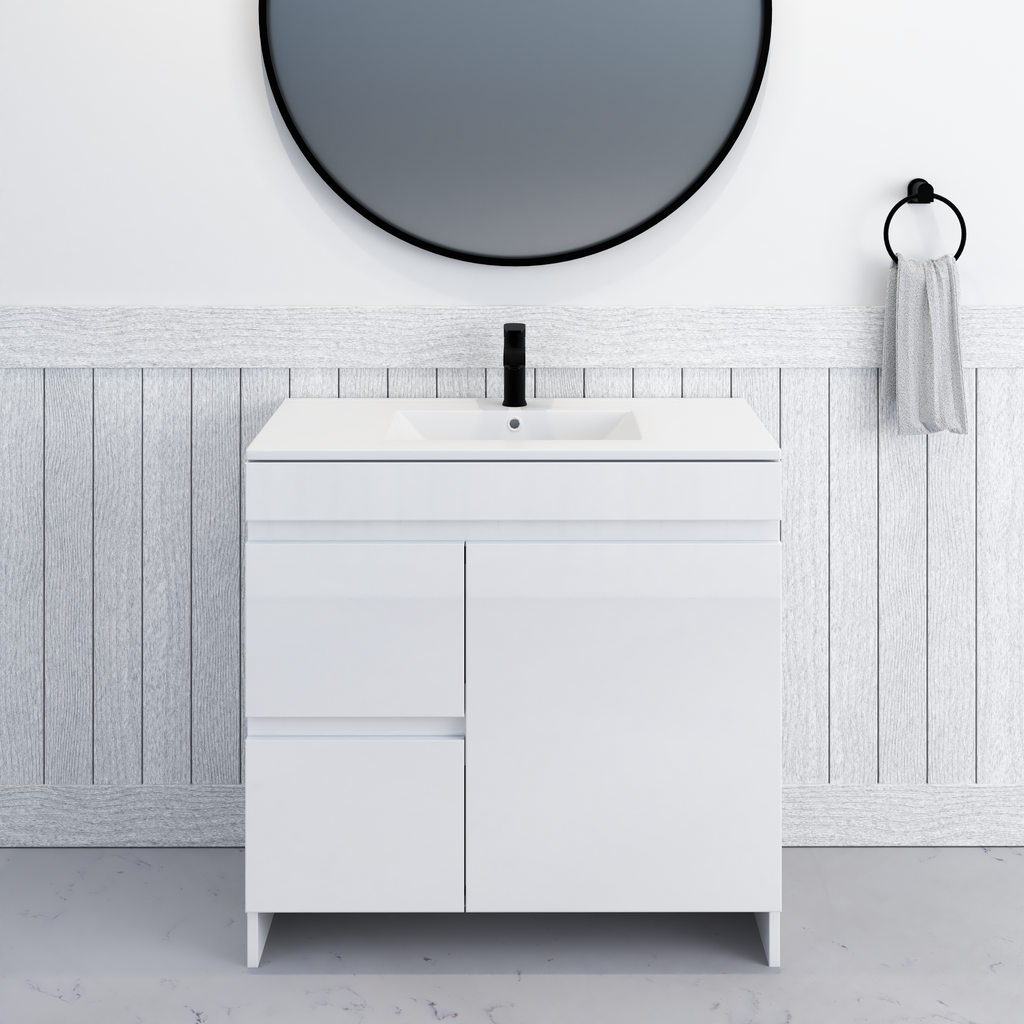 Cinnamon 36 in. W x 18 in. D x 34 in. H Bath Vanity Cabinet without Top in Glossy White with Left Side Drawers