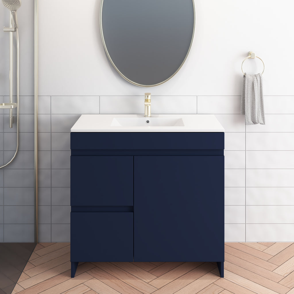 Cinnamon 36 in. W x 18 in. D x 34 in. H Bath Vanity Cabinet without Top in Navy with Left Side Drawers