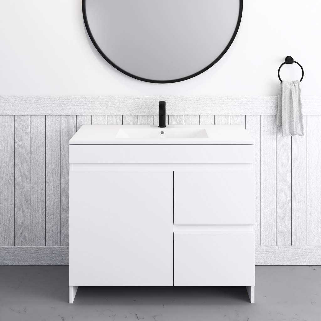 Cinnamon 36 in. W x 18 in. D x 34 in. H Bath Vanity Cabinet without Top in White with Right-Side Drawers