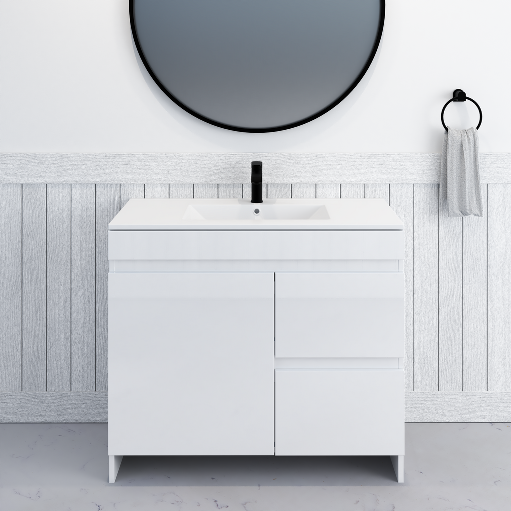 Cinnamon 40 in. W x 18 in. D x 34 in. H Bath Vanity Cabinet without Top in Glossy White with Right Side Drawers