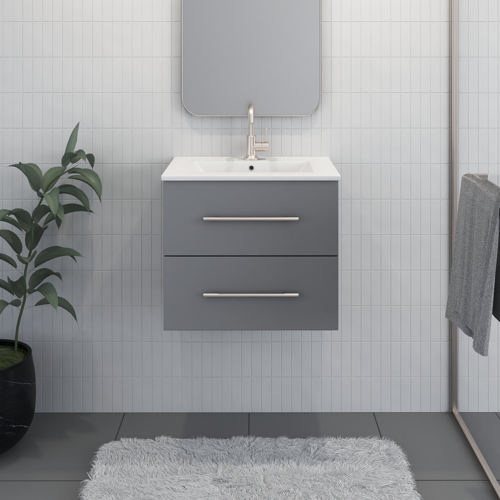 Napa 24" Modern Wall-Mounted Floating Bathroom Vanity with Ceramic Top and Round Handles in Grey