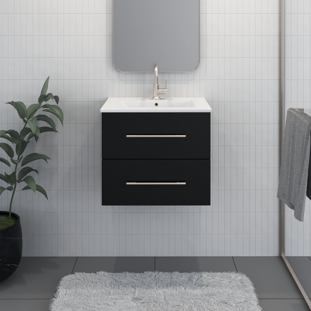 Napa 24" Modern Wall-Mounted Floating Bathroom Vanity in Glossy Black with Ceramic Top and Round Handles