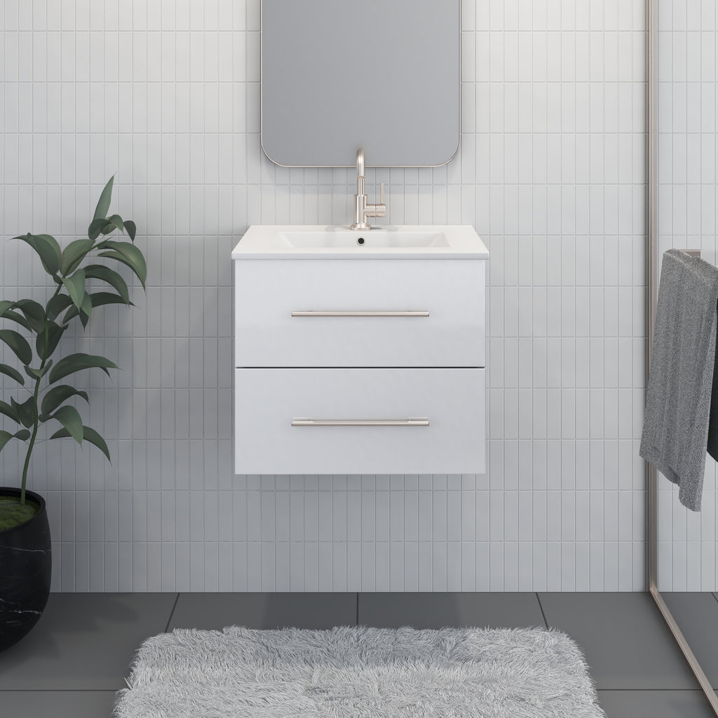 Napa 24" Modern Wall-Mounted Floating Bathroom Vanity in Glossy White with Ceramic Top and Round Handles