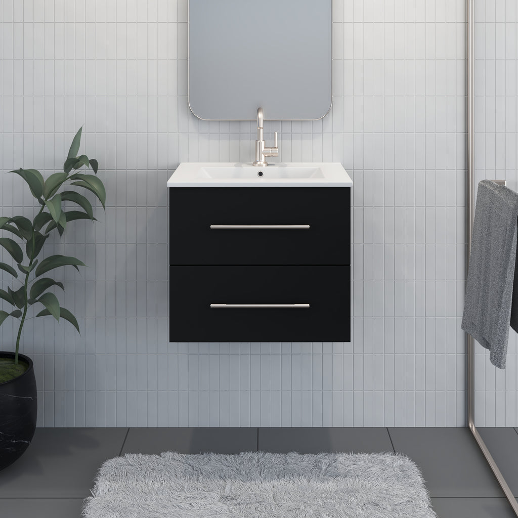 Napa 24" Modern Wall-Mounted Floating Bathroom Vanity with Ceramic Top and Round Handles in Black