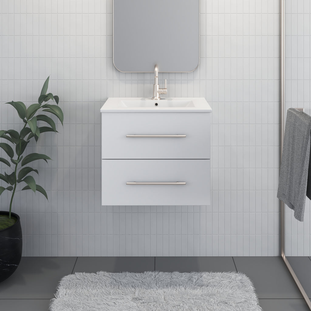 Napa 24" Modern Wall-Mounted Floating Bathroom Vanity with Ceramic Top and Round Handles in White