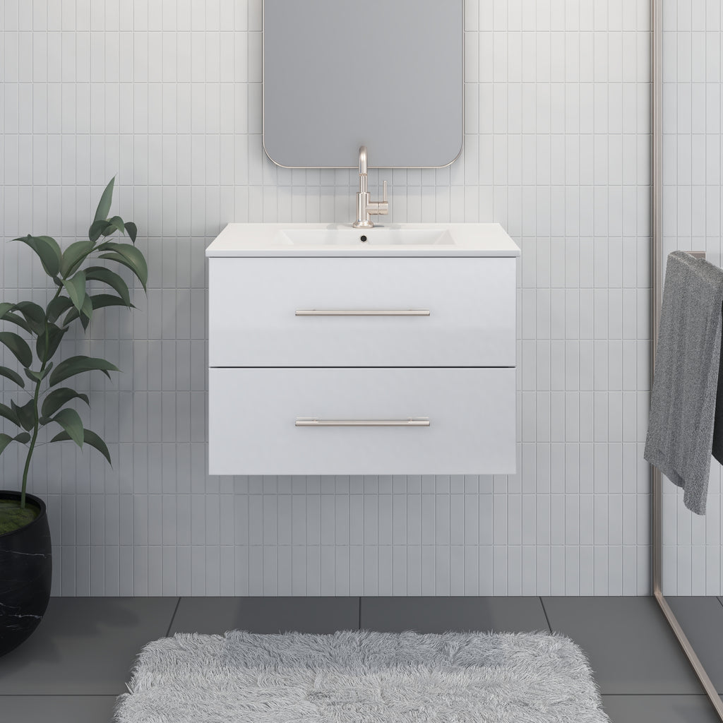 Napa 30" Modern Wall-Mounted Floating Bathroom Vanity in Glossy White with Ceramic Top and Round Handles