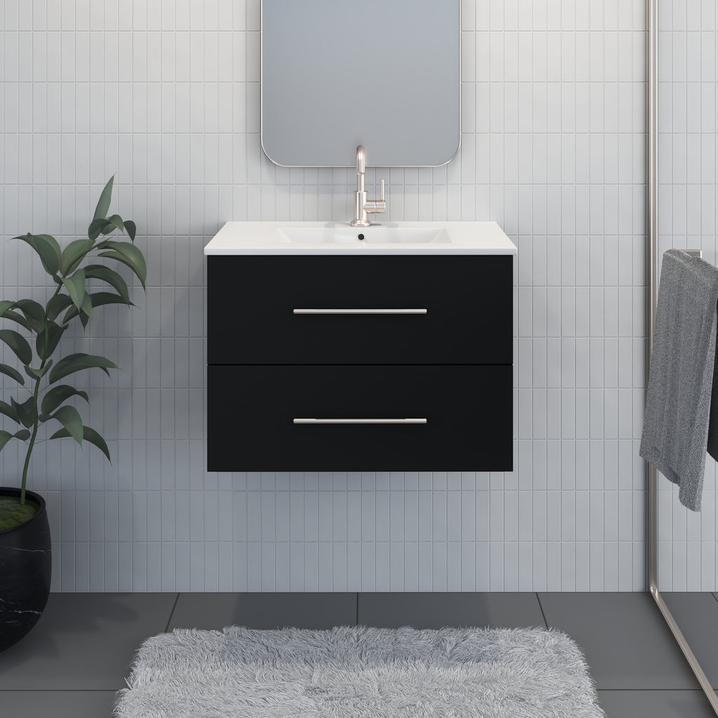 Napa 30" Modern Wall-Mounted Floating Bathroom Vanity with Ceramic Top and Round Handles in Black