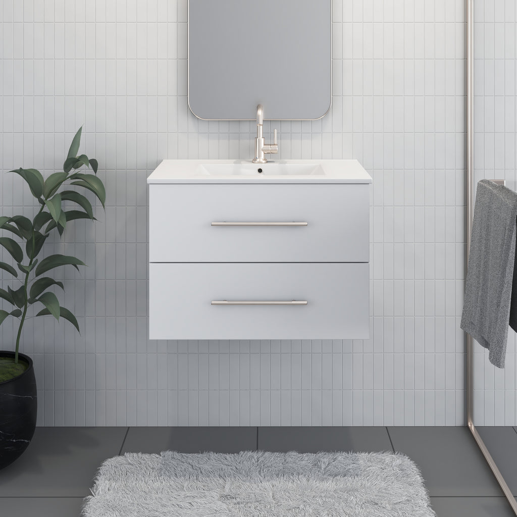 Napa 30" Modern Wall-Mounted Floating Bathroom Vanity with Ceramic Top and Round Handles in White