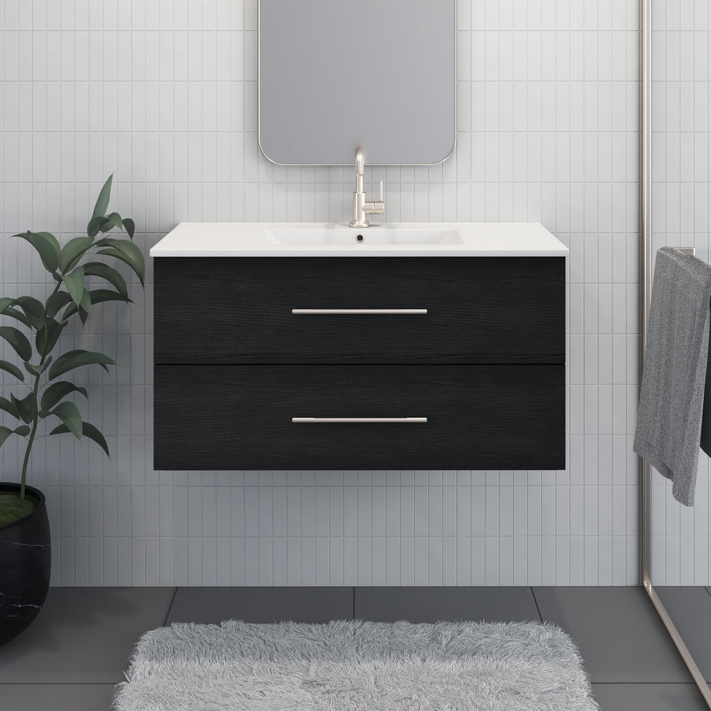 Napa 36" Modern Wall-Mounted Floating Bathroom Vanity with Ceramic Top and Round Handles in Black Ash