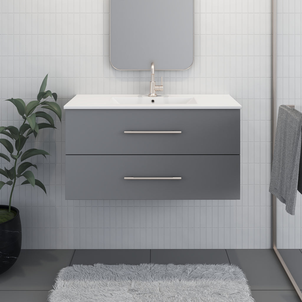 Napa 36" Modern Wall-Mounted Floating Bathroom Vanity with Ceramic Top and Round Handles in Grey