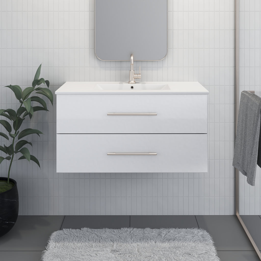 Napa 36" Modern Wall-Mounted Floating Bathroom Vanity in Glossy White with Ceramic Top and Round Handles